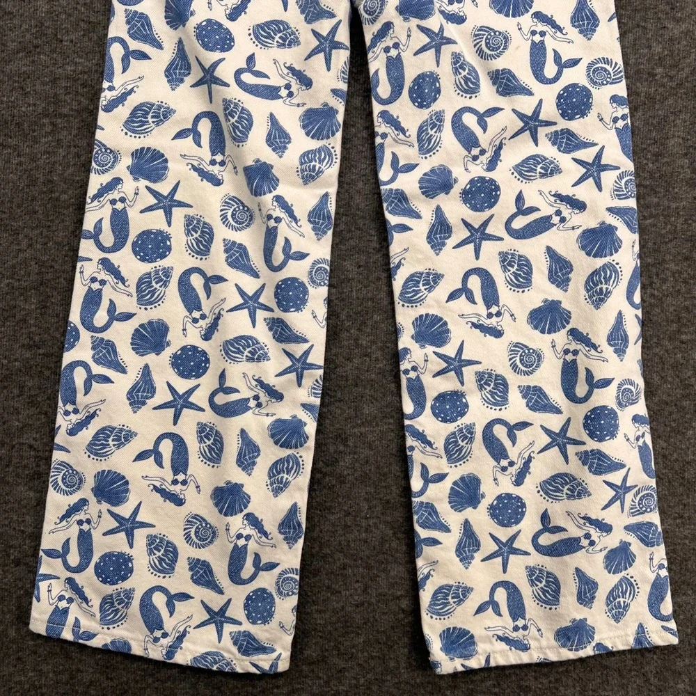 Old Navy Girls Blue White Mermaid Starfish Baggy Wide Leg Jeans Size 12